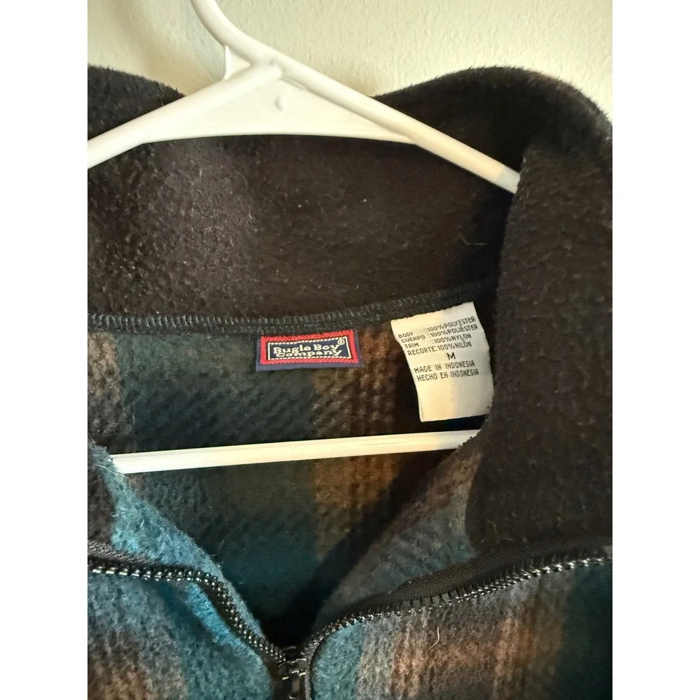 Vintage Bugle Boy Company Mens Plaid Fleece Quarter Zip Pullover‎ Blue Brown M